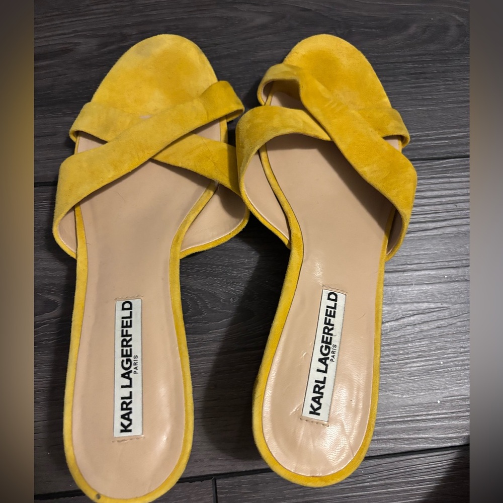 Karl Lagerfeld Women Fawn Canary Suede Sandals Slide 2" Block Heel Size